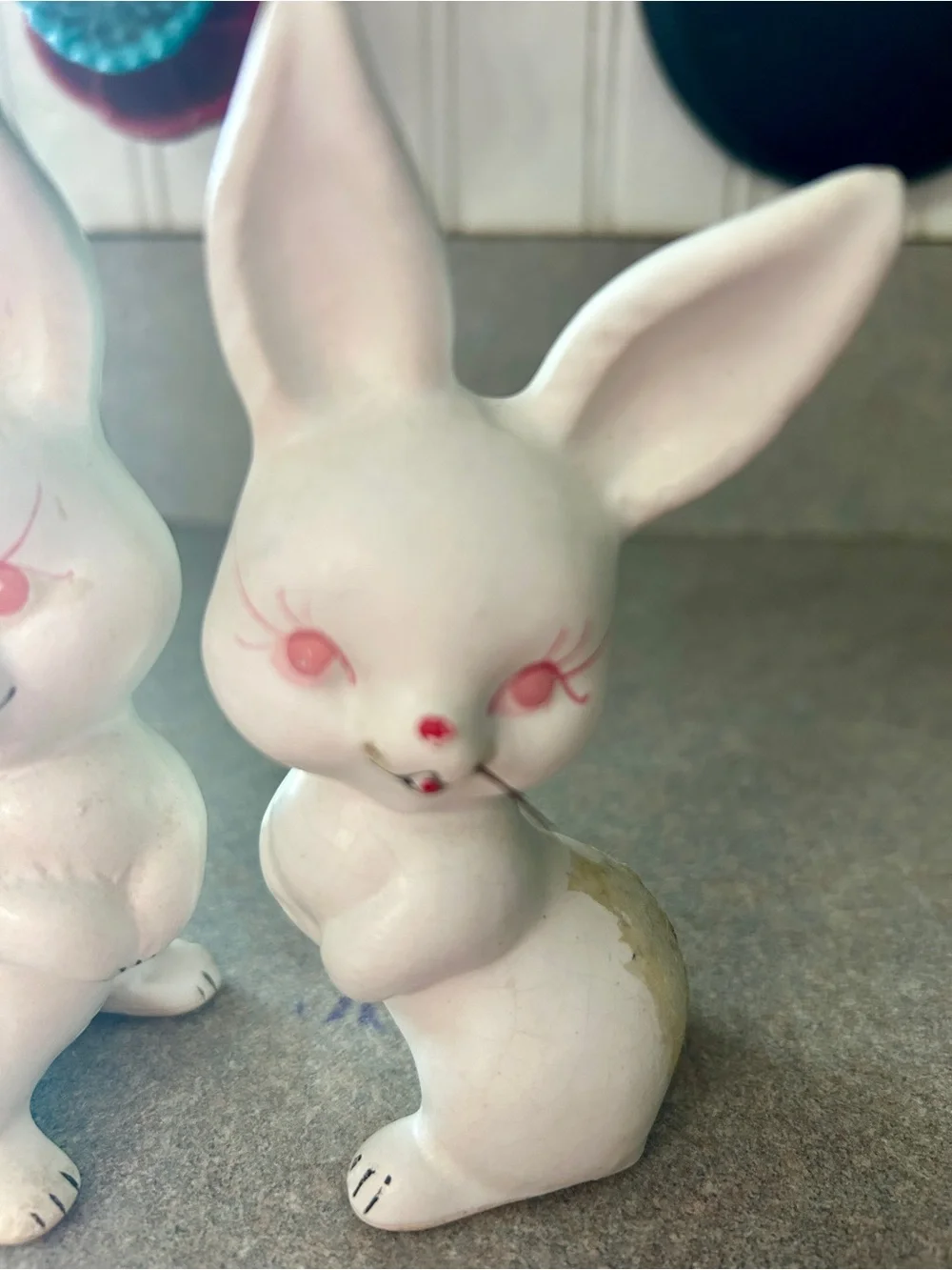 Pair of White bunnies arthroscopic style Figurines with Pink Accents -